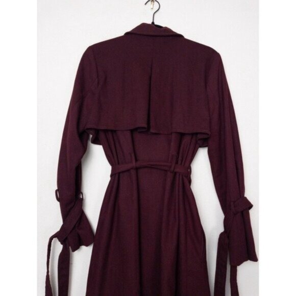 NEW J.O.A Belted Trench Coat S Burgundy Maroon Tie Cuff Double Breasted Utility - Picture 9 of 12